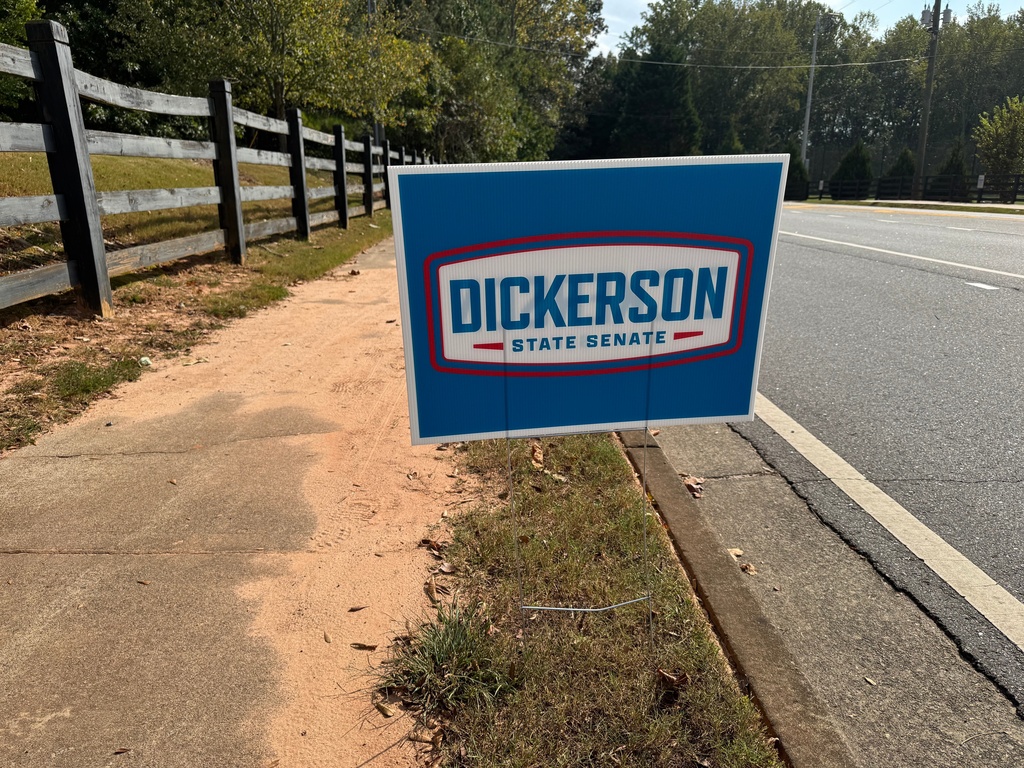 Campaign signs for Georgia's Senate District 21 race are displayed, Tuesday, Sept. 23, 2025, in Milton, Ga. (AP Photo/Charlotte Kramon)