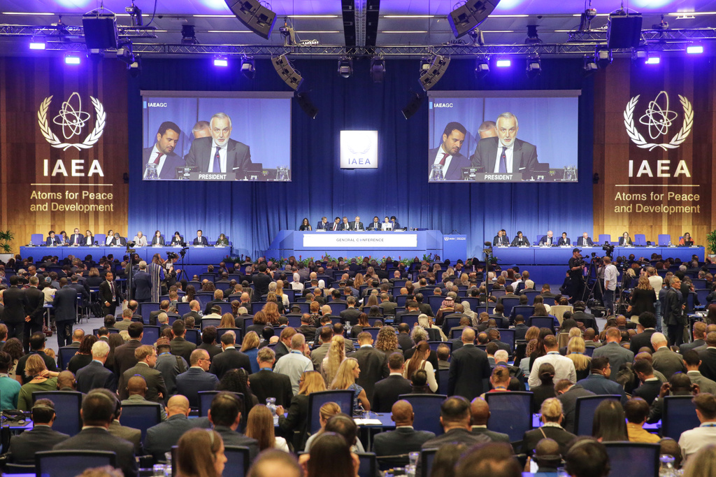Delegates watching the IAEA Board of Governors during the annual General Conference of the International Atomic Energy Agency (IAEA) in Vienna, Austria, Monday, Sept. 14, 2026. (AP Photo/Heinz-Peter Bader)