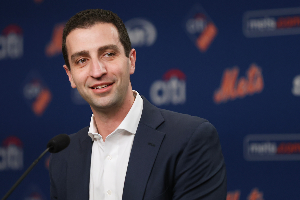 David Stearns, President of Baseball Operations for the New York Mets, speaks during an introductory press conference for Bo Bichette, Wednesday, Jan. 21, 2026, in New York. (AP Photo/Heather Khalifa)