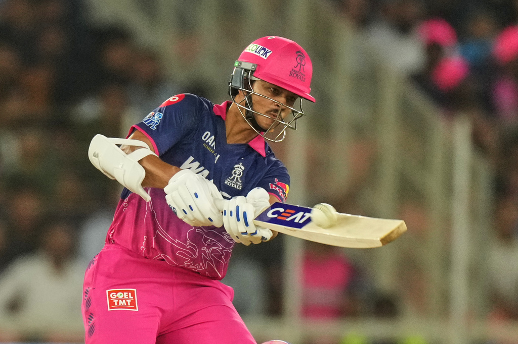 Rajasthan Royals' Yashasvi Jaiswal plays a shot during the Indian Premier League cricket match between Gujarat Titans and Rajasthan Royals in Ahmedabad, India, Saturday, April 4, 2026. (AP Photo/Ajit Solanki)