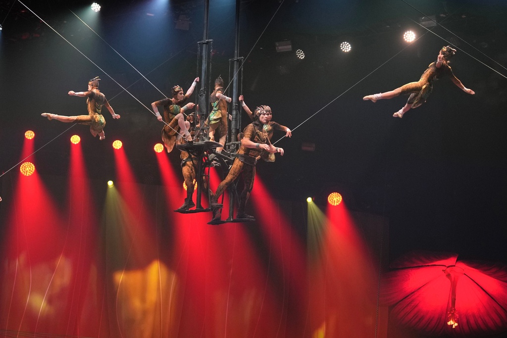 Acrobats from Cirque du Soleil rehearse for the show entitled 'Ovo' at The Royal Albert Hall, in London, Thursday, Jan. 8, 2026. (AP Photo/Kin Cheung)