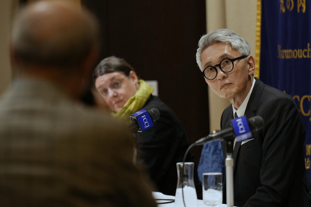 Yutaka Matsushige, a Japanese actor, listens to an attendee's question during a news conference on a popular TV drama where he stars, in Tokyo, Thursday, April 16, 2026. (AP Photo/Hiro Komae)