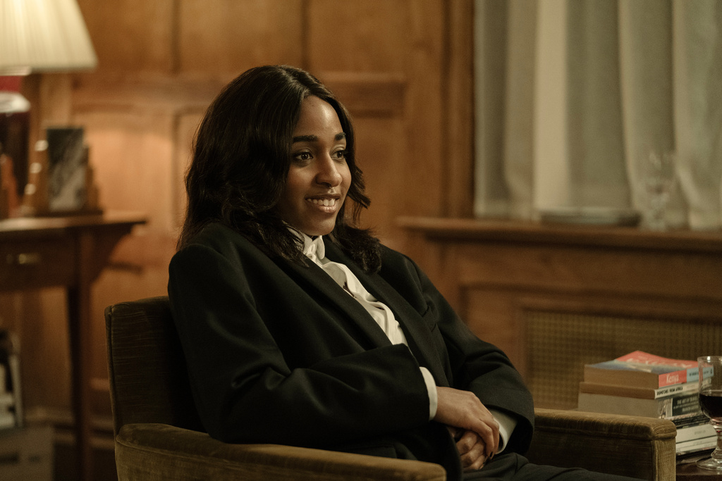 This image released by Amazon MGM Studios shows Ayo Edebiri in a scene from "After the Hunt." (Yannis Drakoulidis/Amazon MGM Studios via AP)