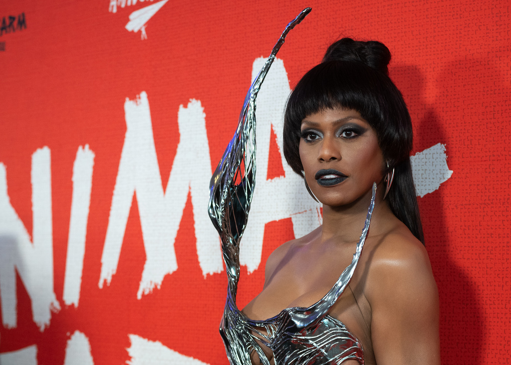 Laverne Cox attends the premiere of "Animal Farm" at Regal Battery Park on Tuesday, April 21, 2026, in New York. (Photo by Christopher Smith/Invision/AP)