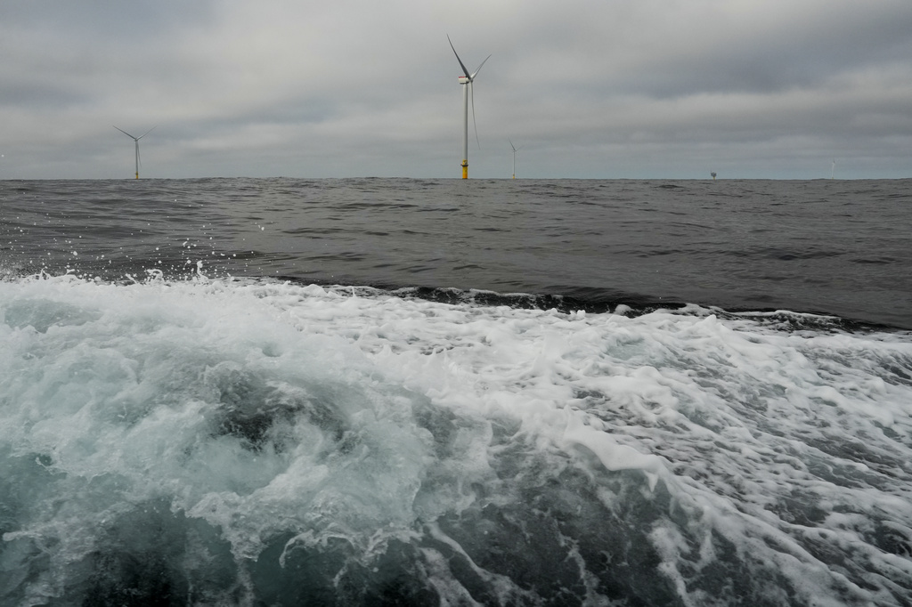 Turbines operate at South Fork Wind offshore wind farm off the coast of Block Island, R.I., Thursday, April 23, 2026. (AP Photo/Joshua A. Bickel)