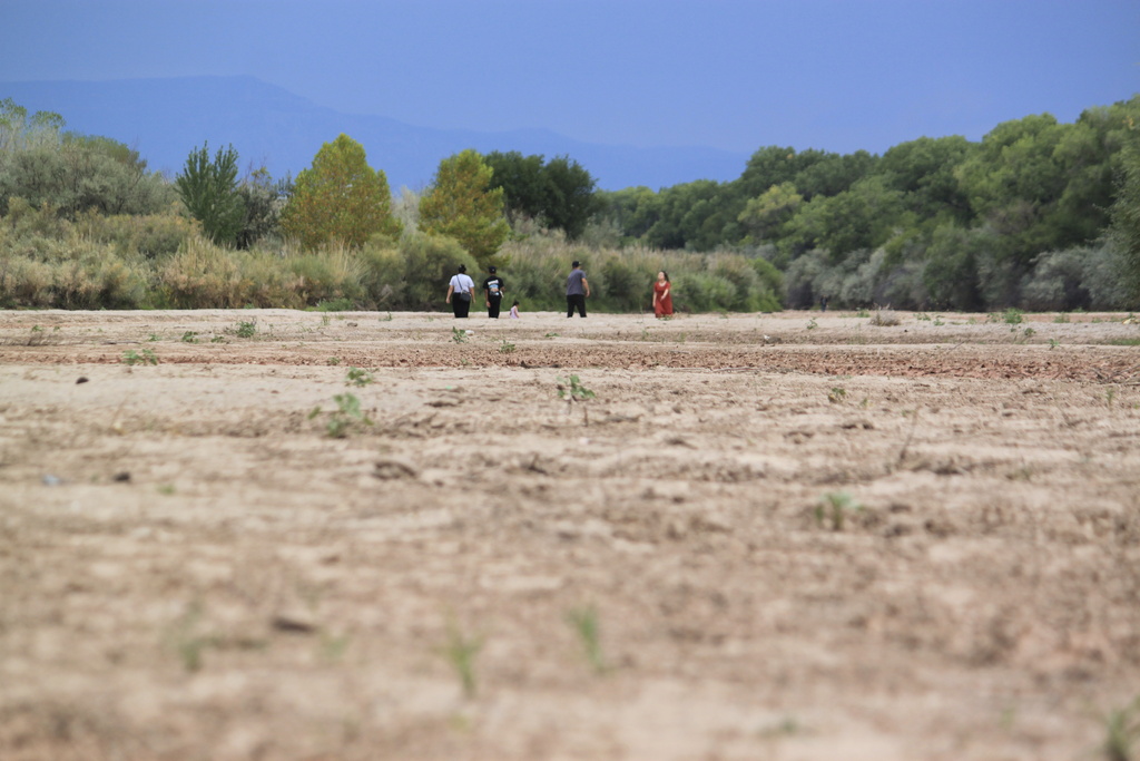 A family takes a walk in the Rio Grande's dry riverbed in Albuquerque, N.M., on Thursday, Aug. 21, 2025. (AP Photo/Susan Montoya Bryan)