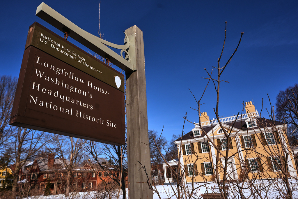 A sign hangs outside the Longfellow House, which was George Washington's headquarters during the Siege of Boston in the mid-1770's, Friday, Feb. 13, 2026, in Cambridge, Mass. (AP Photo/Charles Krupa)
