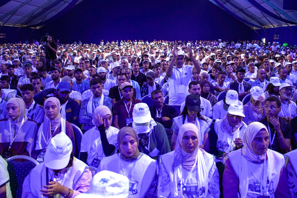 People take part in an electoral rally for Authenticity and Modernity Party (PAM) ahead of the upcoming legislative elections, in Tangier, Morocco, Wednesday, Sept. 16, 2026. (AP Photo/Mosa'ab Elshamy)