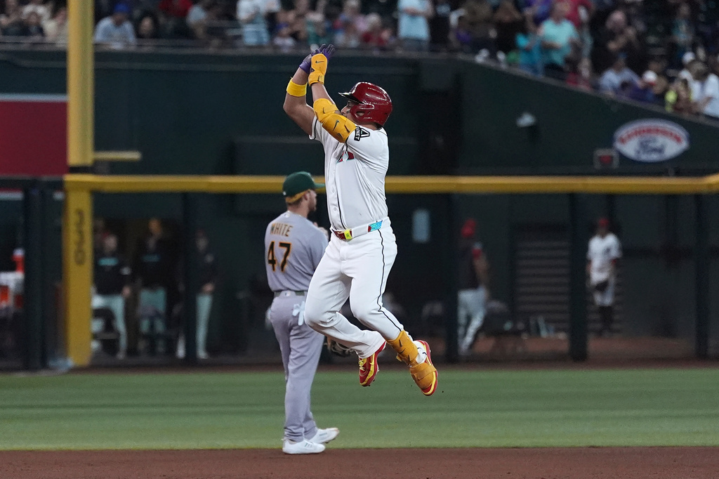 Arizona Diamondbacks' Gabriel Moreno celebrates his home run against the Athletics as he rounds the bases during the fifth inning of a baseball game, Wednesday, July 22, 2026, in Phoenix. (AP Photo/Ross D. Franklin)