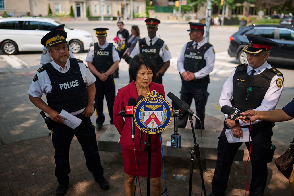 Toronto Mayor Olivia Chow speaks to media after a shot was fired at the U.S. Consulate in Toronto, on Monday, July 27, 2026. (Sammy Kogan/The Canadian Press via AP)