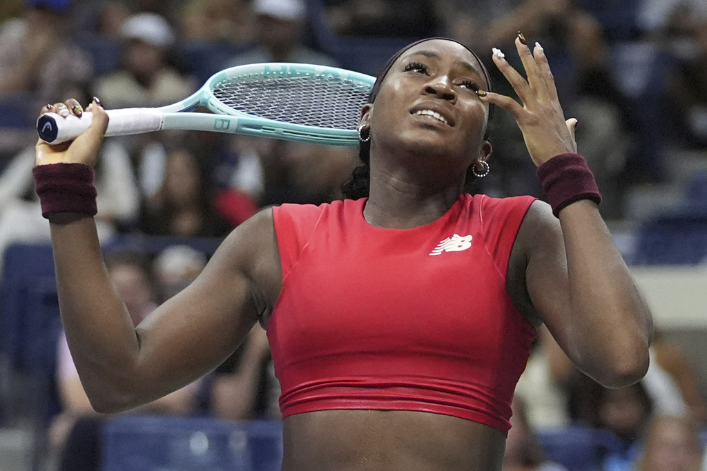 Coco Gauff, of the United States, reacts to loosing a point to Ajla Tomljanovic, of Australia, during the first round of the U.S. Open tennis championships, Tuesday, Aug. 26, 2025, in New York. (AP Photo/Frank Franklin II)