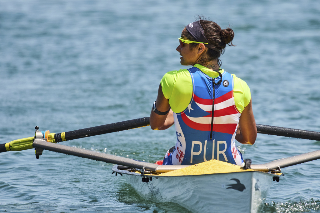 Veronica Toro trains at a beach sprints camp organized by USRowing in Long Beach, Calif., Sunday, Aug. 10, 2025. (AP Photo/Damian Dovarganes)