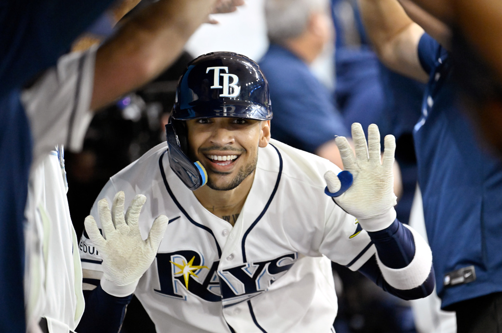 Tampa Bay Rays' Victor Mesa Jr. celebrates after his home run during the fifth inning of a baseball game against the Seattle Mariners, Friday, July 10, 2026, in St. Petersburg, Fla. (AP Photo/Jason Behnken)