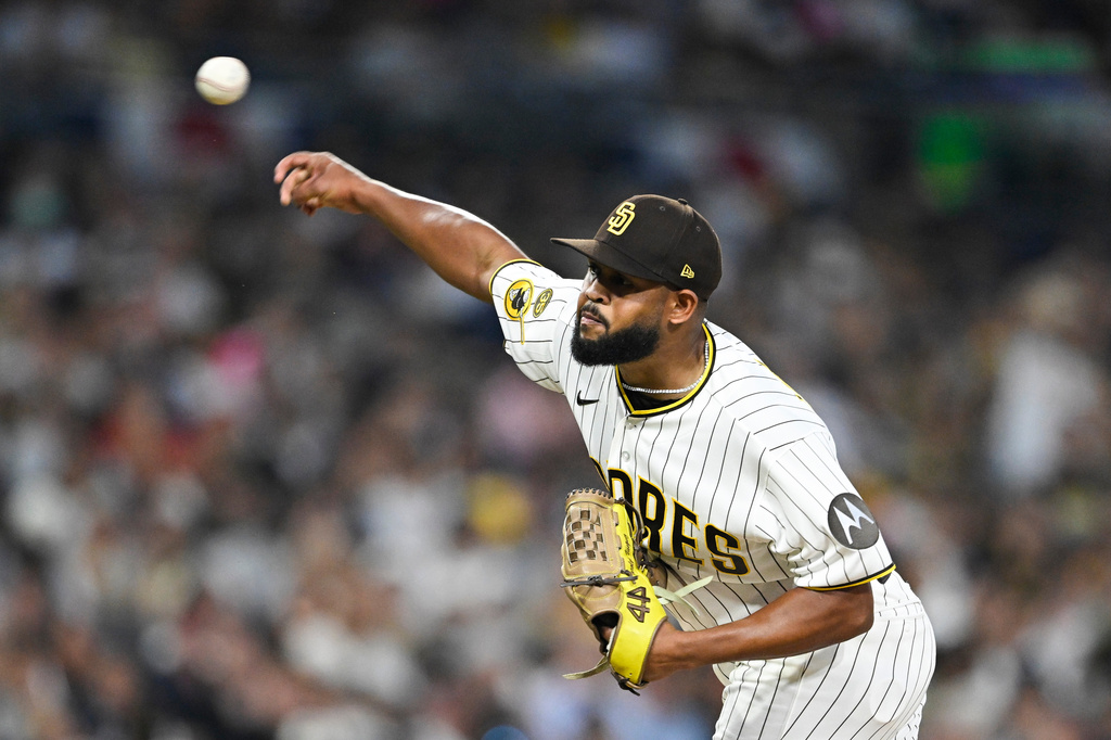 San Diego Padres starting pitcher Randy Vasquez delivers during the fifth inning of a baseball game against the Detroit Tigers Saturday, 28, 2026, in San Diego. (AP Photo/Denis Poroy)