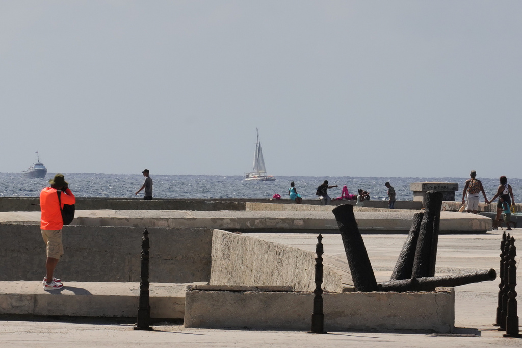 One of two sailboats carrying humanitarian aid organized by activists with an international organization that departed from Mexico arrives in Havana, Cuba, Saturday, March 28, 2026. (AP Photo/Ramon Espinosa)