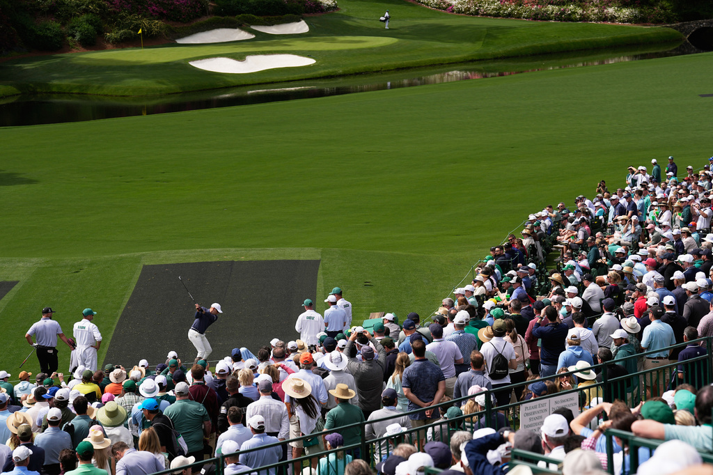 Sergio Garcia, of Spain, hits his tee shot on the 12th hole during a practice round ahead of the Masters golf tournament at the Augusta National Golf Club, Tuesday, April 7, 2026, in Augusta, Ga. (AP Photo/David J. Phillip)