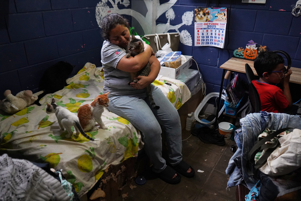 Rafaela Perez hugs Milagro, a rescued cat she cares for at the Hogar Buena Fortuna pet shelter, which she operates out of her home in Mejicanos, El Salvador, Monday, Oct. 13, 2025. (AP Photo/Salvador Melendez)