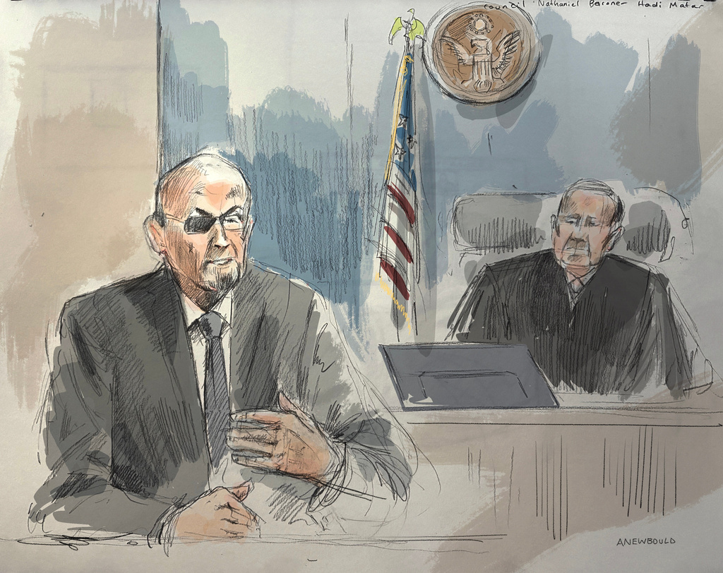 In this courtroom sketch, Salman Rushdie, left, testifies in federal court during the terrorism trial for Hadi Matar, Rushdie's alleged attacker, Thursday, July 23, 2026, in Buffalo, N.Y. (Alexandra Newbould via AP)