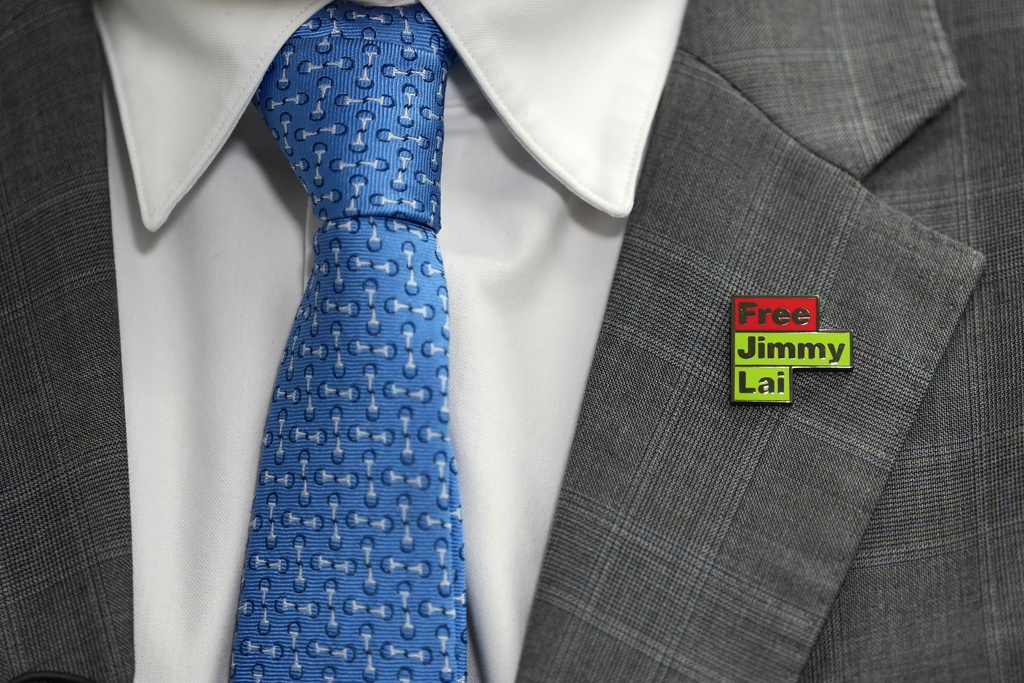 Sebastien Lai, son of Jimmy Lai, speaks during an interview with the Associated Press in London, Monday, Feb. 9, 2026. (AP Photo/Kin Cheung)