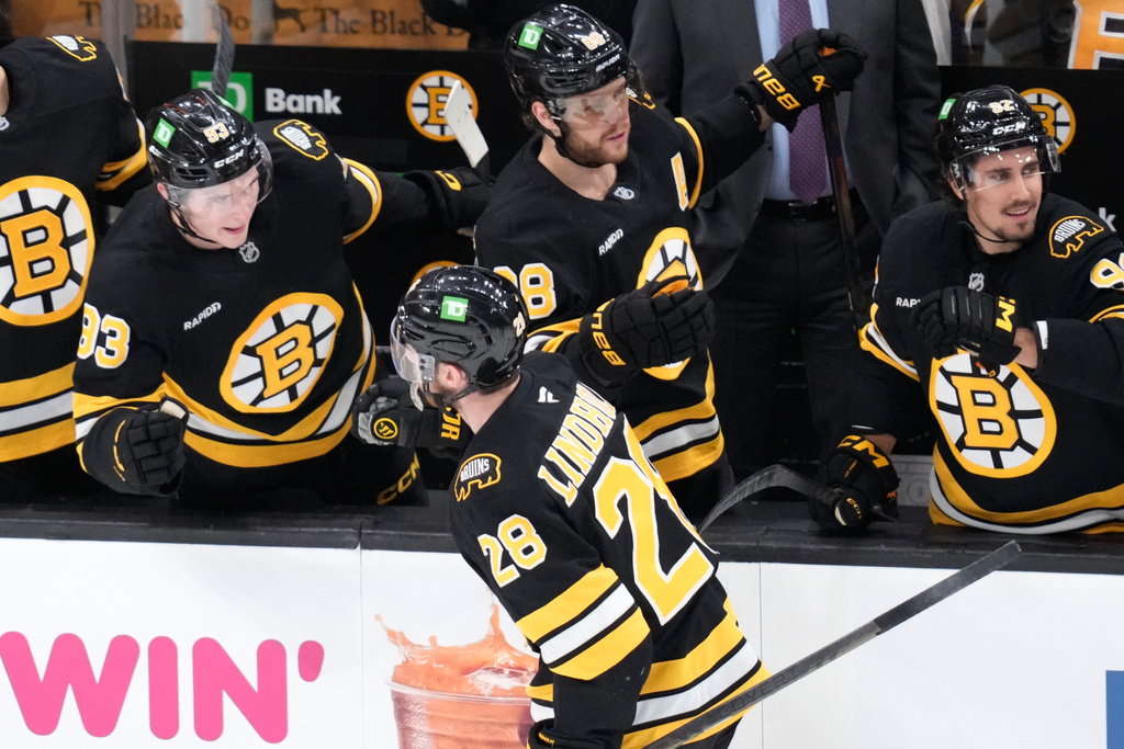 Boston Bruins center Elias Lindholm (28) is congratulated after his goal against the Toronto Maple Leafs during the first period of an NHL hockey game, Tuesday, March 24, 2026, in Boston. (AP Photo/Charles Krupa)