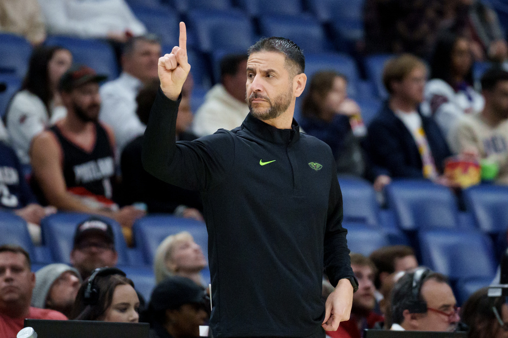 New Orleans Pelicans interim head coach James Borrego reacts during the first half of an NBA basketball game against the Portland Trail Blazers in New Orleans, Thursday, Dec. 11, 2025. (AP Photo/Matthew Hinton)