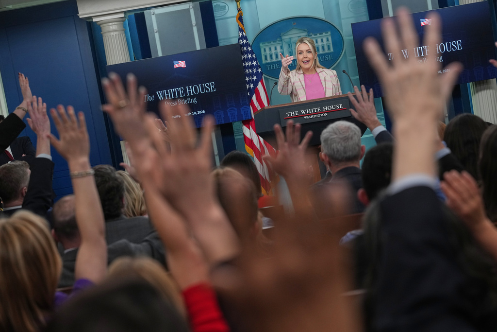 White House press secretary Karoline Leavitt speaks with reporters in the James Brady Press Briefing Room at the White House, Tuesday, March 10, 2026, in Washington. (AP Photo/Julia Demaree Nikhinson)
