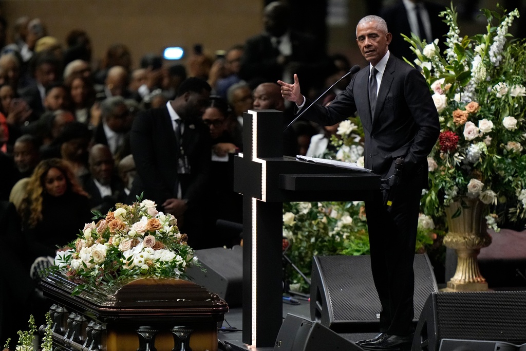 Former President Barack Obama speaks during the Public Homegoing Service for Reverend Jesse Jackson at the House of Hope in Chicago, Friday, March 6, 2026. (AP Photo/Erin Hooley)