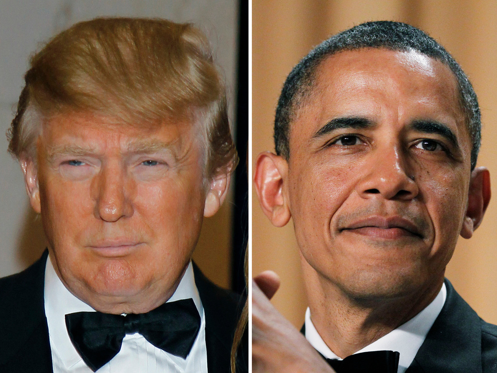 FILE- This photo combo shows from left President Donald Trump and former President Barack Obama attending the White House Correspondents' Association Dinner in Washington on April 30, 2011. (AP Photo/File)