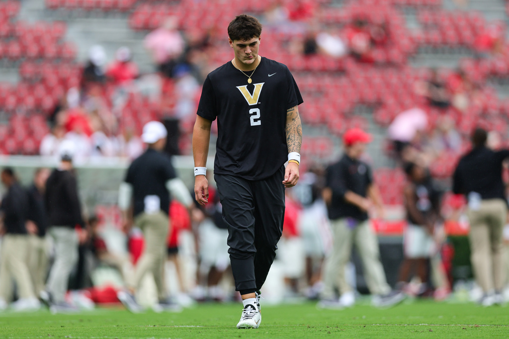 Vanderbilt quarterback Jared Curtis (2) reacts during warm ups before an NCAA college football game against Georgia, Saturday, Oct. 3, 2026, in Athens, Ga. (AP Photo/Colin Hubbard)