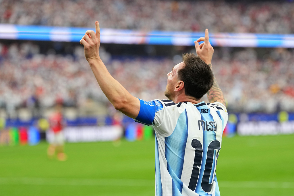 Argentina's Lionel Messi celebrates after scoring his side's second goal during the World Cup Group J soccer match between Argentina and Austria in Arlington, Texas, near Dallas, Monday, June 22, 2026. (AP Photo/Julio Cortez)
