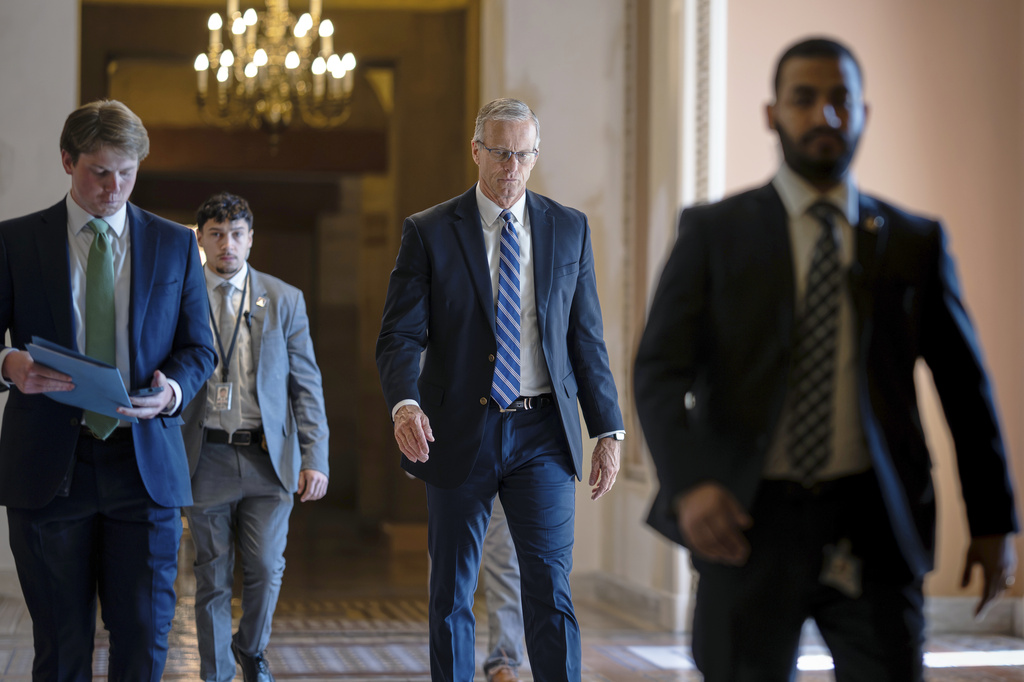 Senate Majority Leader John Thune, R-S.D., walks to the chamber from his office at the Capitol in Washington, Thursday, June 4, 2026. (AP Photo/J. Scott Applewhite)
