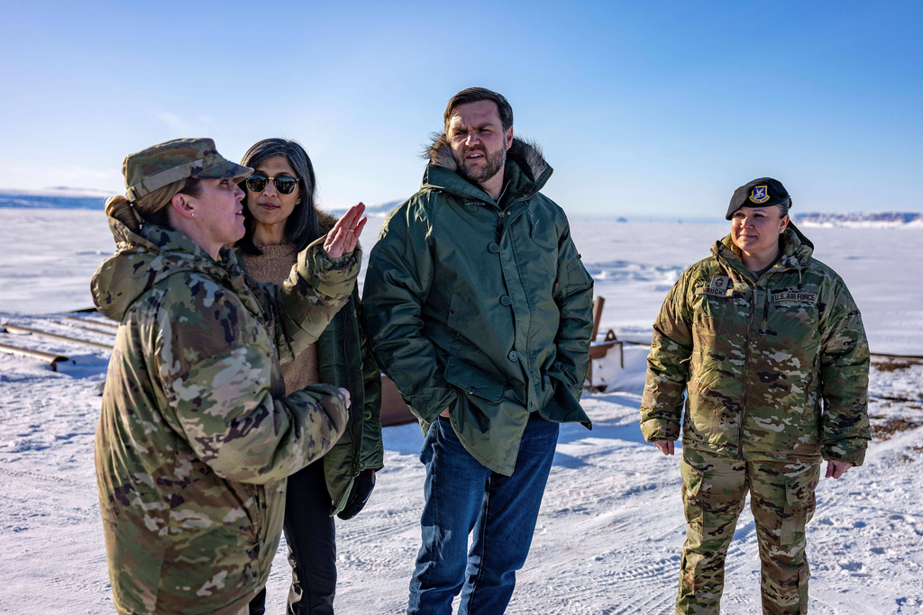 FILE - Vice President JD Vance and second lady Usha Vance tour the U.S. military's Pituffik Space Base in Greenland, Friday, March 28, 2025. (Jim Watson/Pool via AP, File)