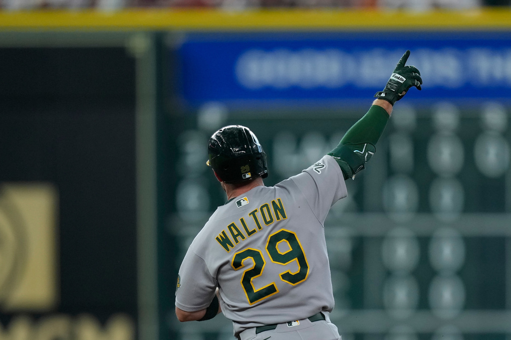 Athletics' Donovan Walton runs the bases after hitting a solo home run during the third inning of a baseball game against the Houston Astros, Saturday, Aug. 22, 2026, in Houston. (AP Photo/Kevin M. Cox)
