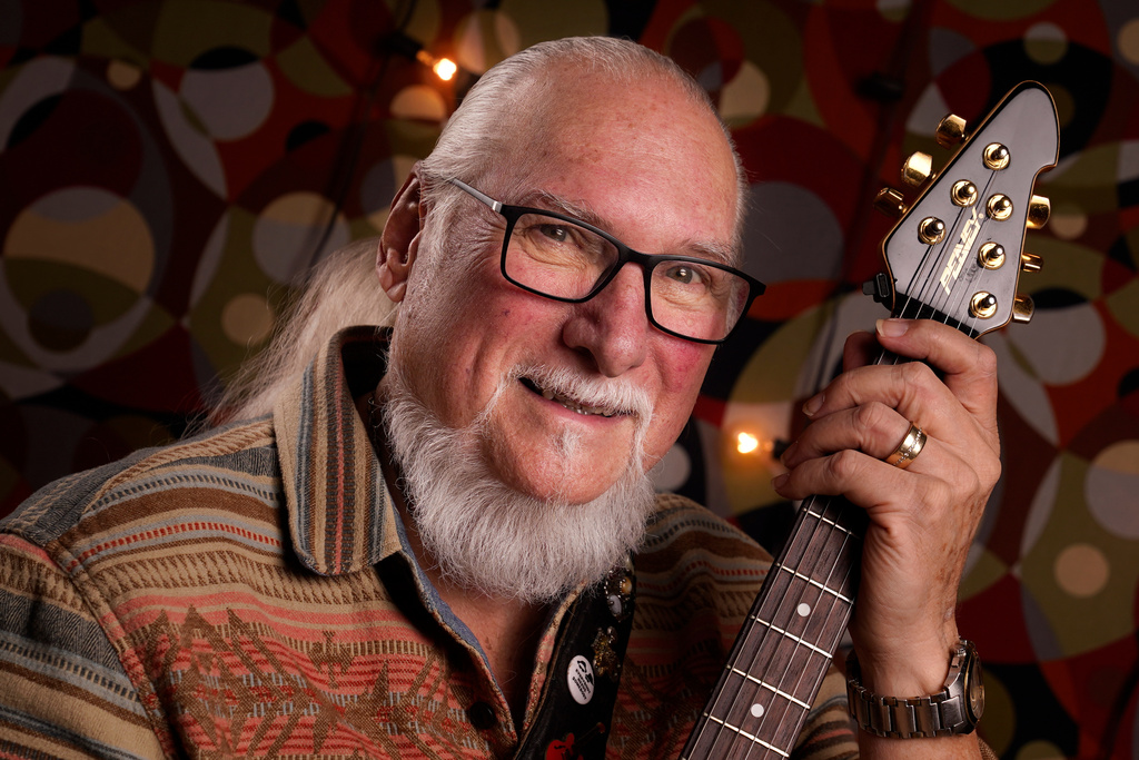 FILE - Guitarist, songwriter and record producer Steve Cropper poses Wednesday, Dec. 2, 2020, in Nashville, Tenn. (AP Photo/Mark Humphrey,File)