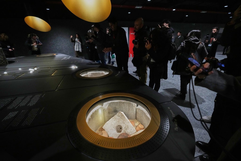 Ancient Roman finds backing to the 2nd century BC are on display in the 'Colosseo' new subway station, designed as a museum to showcase the archaeological finds uncovered during its construction, in Rome, Tuesday, Dec. 16, 2025. (AP Photo/Alessandra Tarantino)