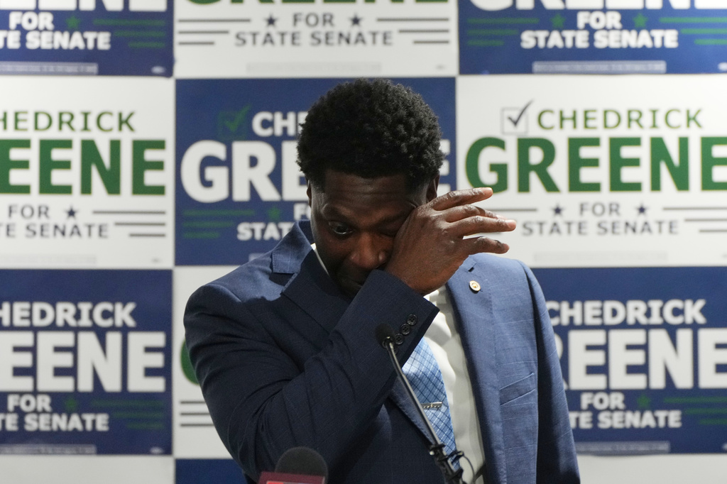 Chedrick Greene, Democratic candidate for 35th Senate District, speaks Tuesday, May 5, 2026 in Saginaw, Mich. (AP Photo/Paul Sancya)