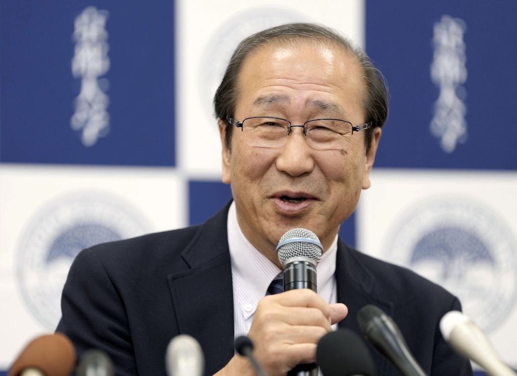 Professofr Susumu Kitagawa speaks at a press conference at Kyoto University in Kyoto, western Japan Thrusday, Oct. 9, 2025, a day after he was awarded the Nobel Prize in chemistry. (Kai Naito/Kyodo News via AP)