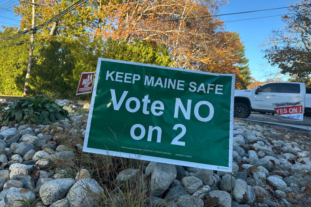 A sign opposing a gun control referendum in Kennebunk, Maine, on Oct. 23, 2025. (AP Photo/Patrick Whittle)