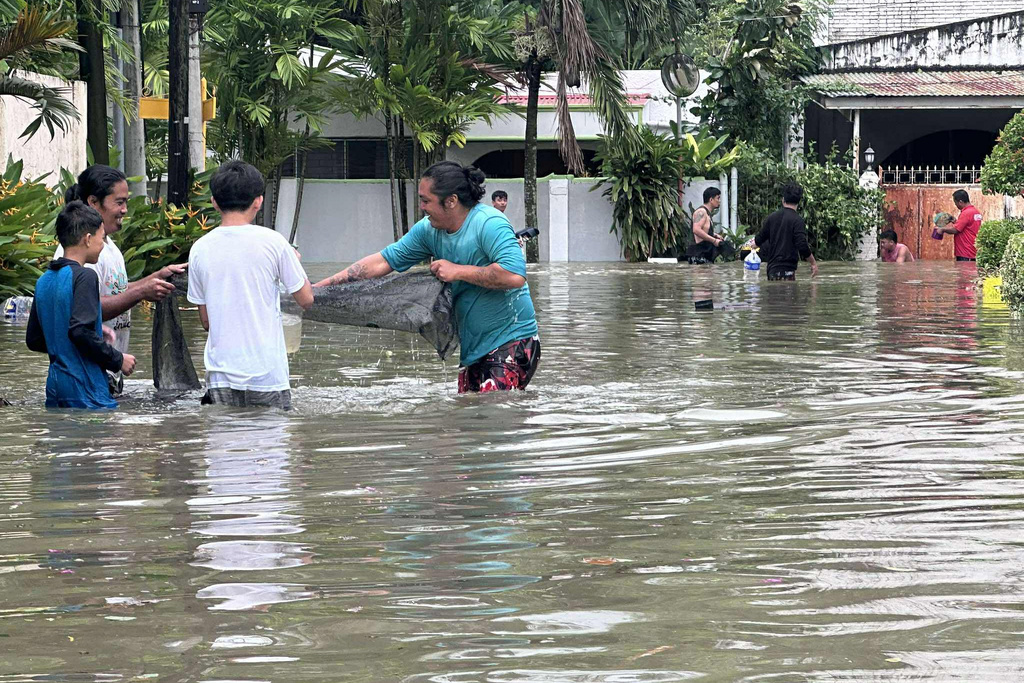 Men use a net as they try to catch fish from a nearby fish farm which overflowed due to floodwaters caused by Typhoon Kalmaegi as it affects Cebu city, central Philippines, Tuesday Nov. 4, 2025. (AP Photo/Jacqueline Hernandez)