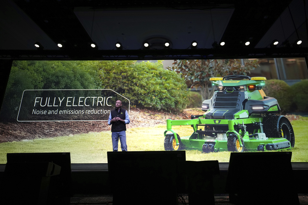 Igino Cafiero, director of high value crop autonomy at John Deere, speaks during a John Deere news conference ahead of the CES tech show Monday, Jan. 6, 2025, in Las Vegas. (AP Photo/Abbie Parr)