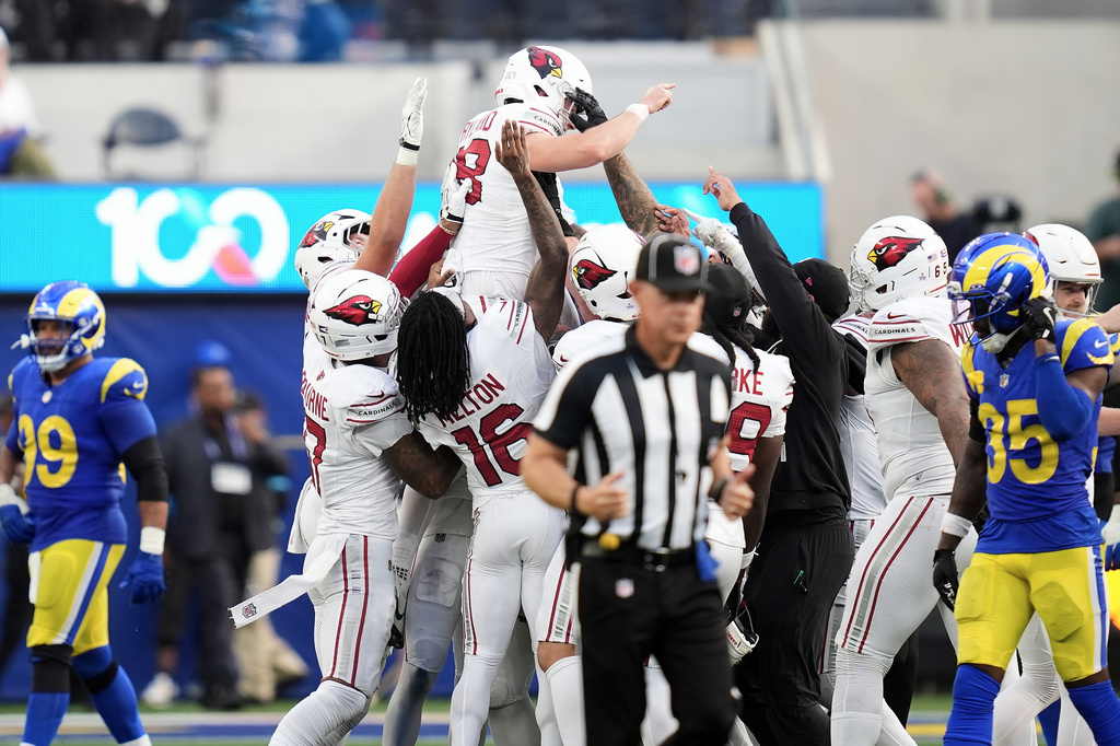 Arizona Cardinals kicker Chad Ryland, top, is congratulated by teammates after kicking the game winning field goal against the Los Angeles Rams during the second half of an NFL football game in Inglewood, Calif., Sunday, Oct. 18, 2026.