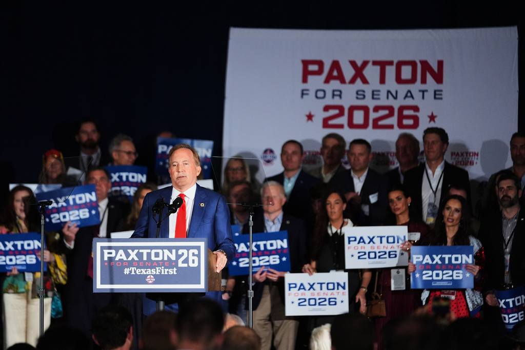 Texas Attorney General Ken Paxton, a Republican candidate for the U.S. Senate, speaks during a primary election night watch party Tuesday, March 3, 2026, in Dallas. (AP Photo/Julio Cortez)