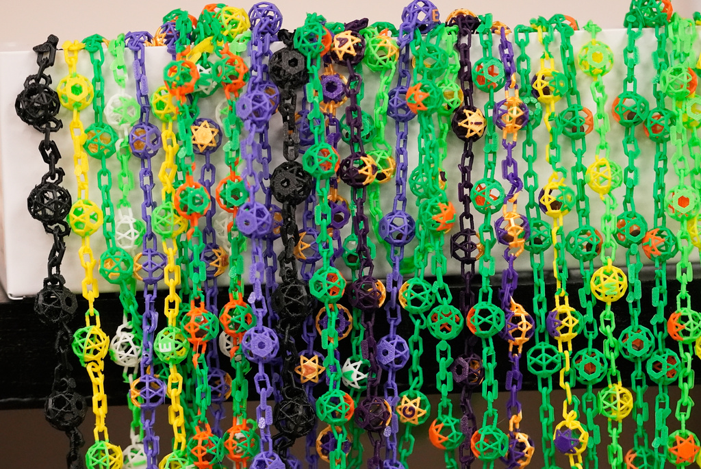 Biodegradable Mardi Gras beads being developed by Louisiana State University are seen inside a lab, Jan. 27, 2026, in Baton Rouge, La. (AP Photo/Gerald Herbert)