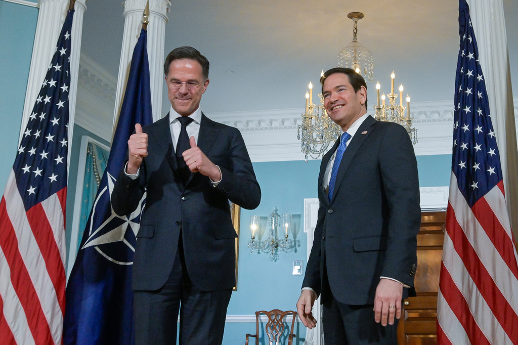 Secretary of State Marco Rubio, right, is joined by NATO Secretary General Mark Rutte, left, for a photo opportunity at the State Department, Wednesday, April 8, 2026, in Washington. (AP Photo/Rod Lamkey, Jr.)