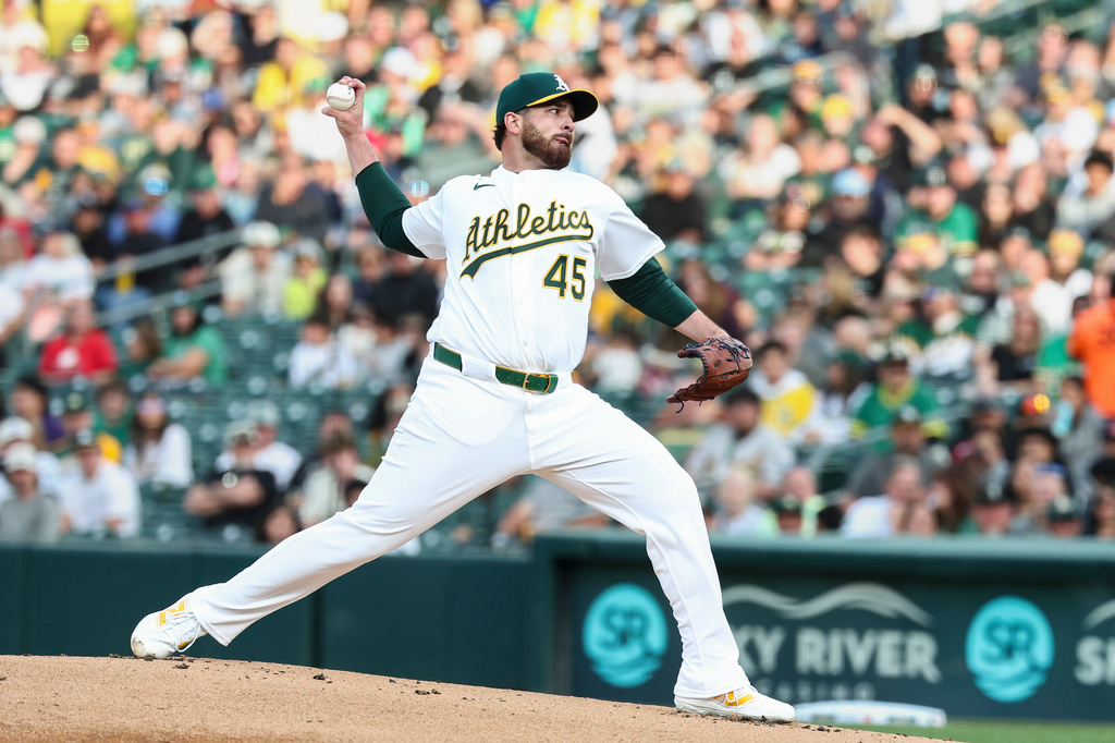 Athletics pitcher Aaron Civale throws to the Chicago White Sox during the first inning of a baseball game Friday, April 17, 2026, in West Sacramento, Calif. (AP Photo/Sara Nevis)