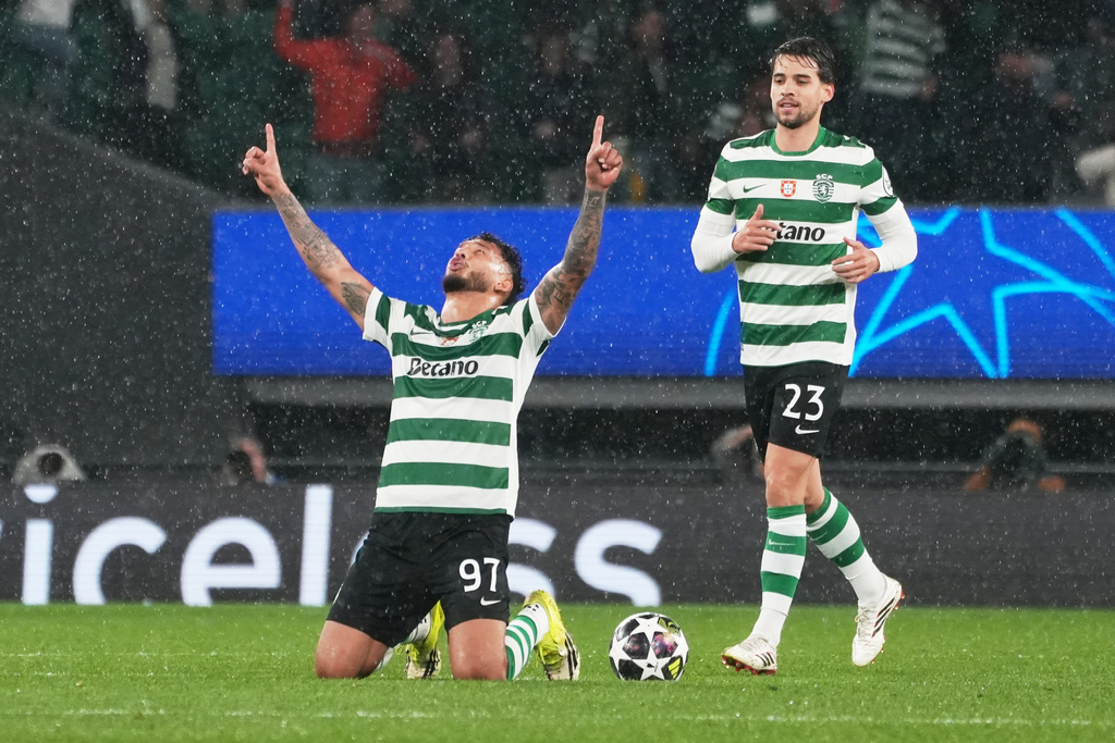 Sporting's Luis Suarez celebrates after scoring his side's third goal during a Champions League round of 16 second leg soccer match between Sporting CP and Bodo Glimt in Lisbon, Portugal, Tuesday, March 17, 2026. (AP Photo/Ana Brigida)