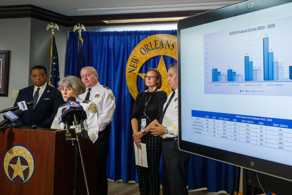 New Orleans Police Department superintendent Anne Kirkpatrick, with members of police command staff and New Orleans City Councilmember Eugene Green, far left, speaks about the city's crime statistics during a news conference at police headquarters in New Orleans, Monday, Jan. 5, 2026. (David Grunfeld/The Times-Picayune/The New Orleans Advocate via AP)