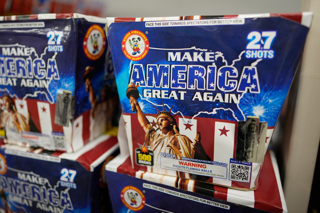 Make America Great Again fireworks by Winda are for sale at Lucky Patriot Fireworks in Batavia, Ohio, Tuesday, June 30, 2026. (AP Photo/Carolyn Kaster)