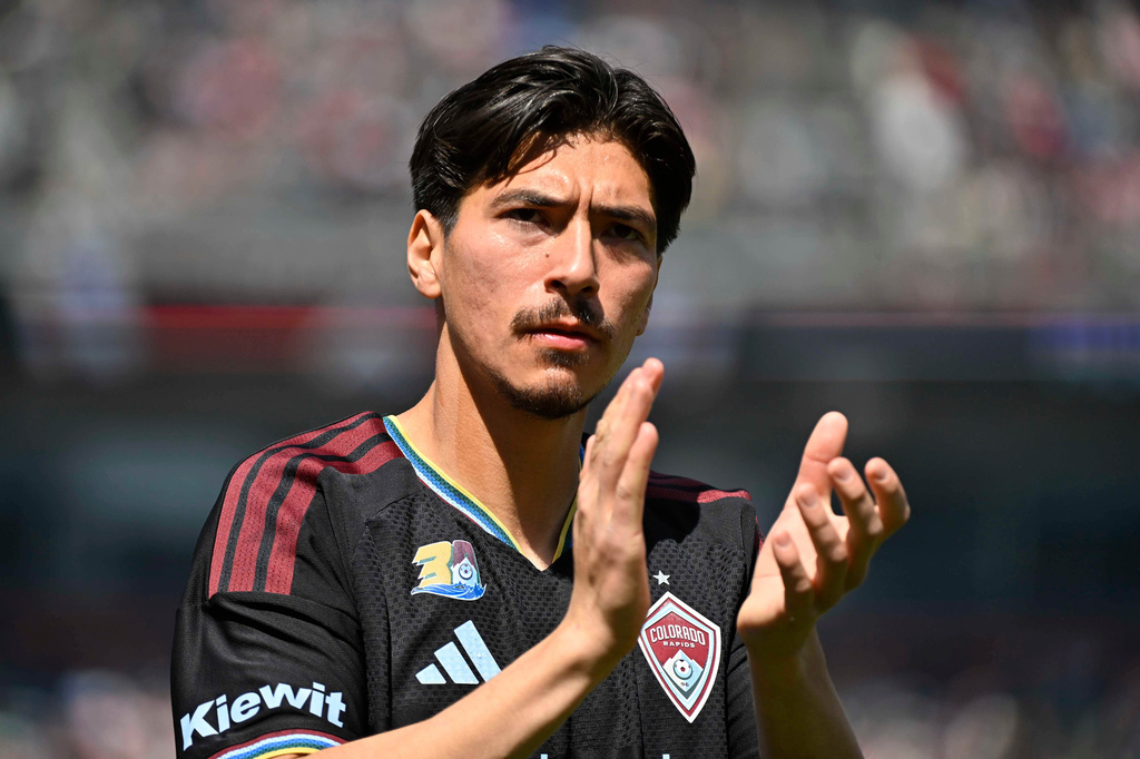 Colorado Rapids midfielder Josh Atencio claps prior to an MLS soccer game against the Inter Miami CF Saturday, April 18, 2026, in Denver. (AP Photo/Geneva Heffernan)