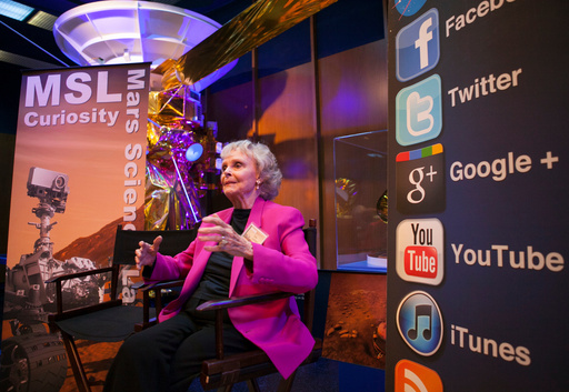 FILE - Actress June Lockhart from Lost in Space and Lassie, addresses bloggers at NASA Social media event at the Jet Propulsion Laboratory in Pasadena, Calif., on Aug. 12, 2012, hours before the Mars rover Curiosity is due to land on the surface of Mars. (AP Photo/Damian Dovarganes, File) FILE - Actress June Lockhart from Lost in Space and Lassie, addresses bloggers at NASA Social media event at the Jet Propulsion Laboratory in Pasadena, Calif., on Aug. 12, 2012, hours before the Mars rover Curiosity is due to land on the surface of Mars. (AP Photo/Damian Dovarganes, File)